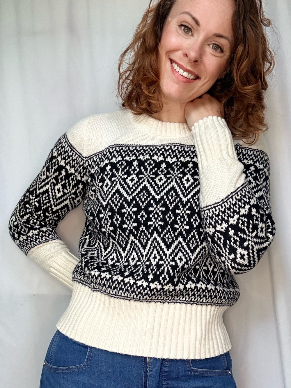 LOFT Cream and Black Fair Isle Pullover Sweater